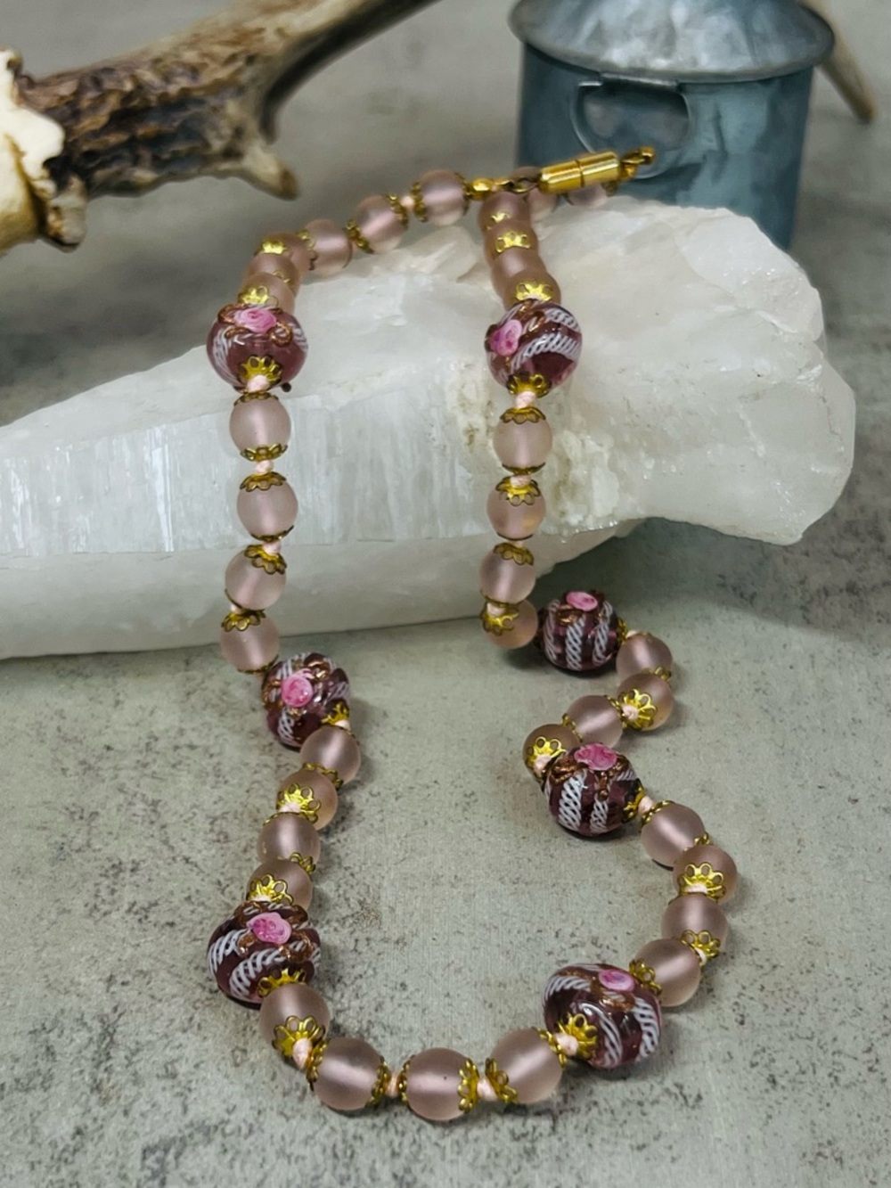 Vintage Murano Latticino Pink and White Wedding Cake Bead Necklace 1920-1930 20"